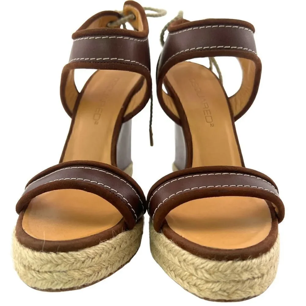 New DSQUARED2 Women US 8 Shoes Brown Leather Sandals Back Laced Platform Wedge